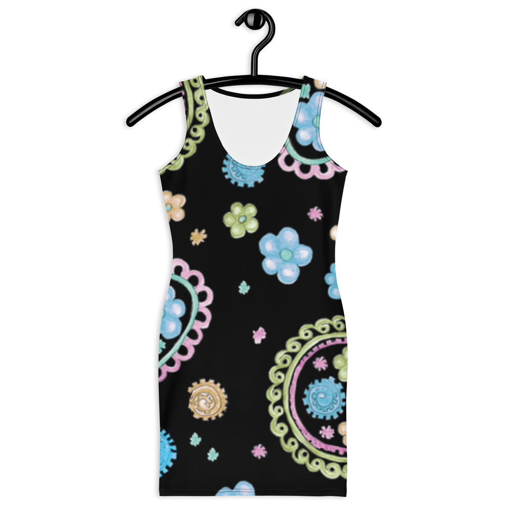 LuckeLadybug black paisley bodycon dress with colorful floral and circular designs on hanger