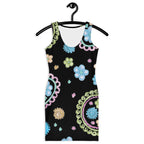 LuckeLadybug black paisley bodycon dress with colorful floral and circular designs on hanger