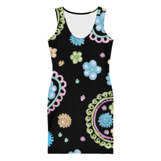 LuckeLadybug black paisley bodycon dress with colorful floral and circular patterns on a fitted silhouette