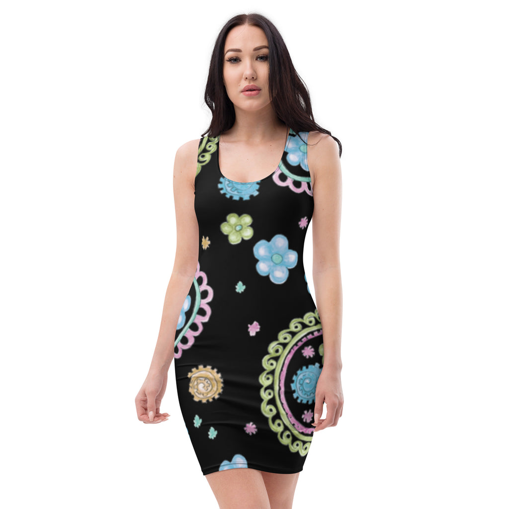 LuckeLadybug black paisley bodycon dress with colorful floral and paisley patterns sleeveless style