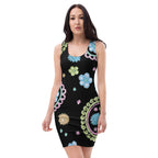 LuckeLadybug black paisley bodycon dress with colorful floral and paisley patterns sleeveless style