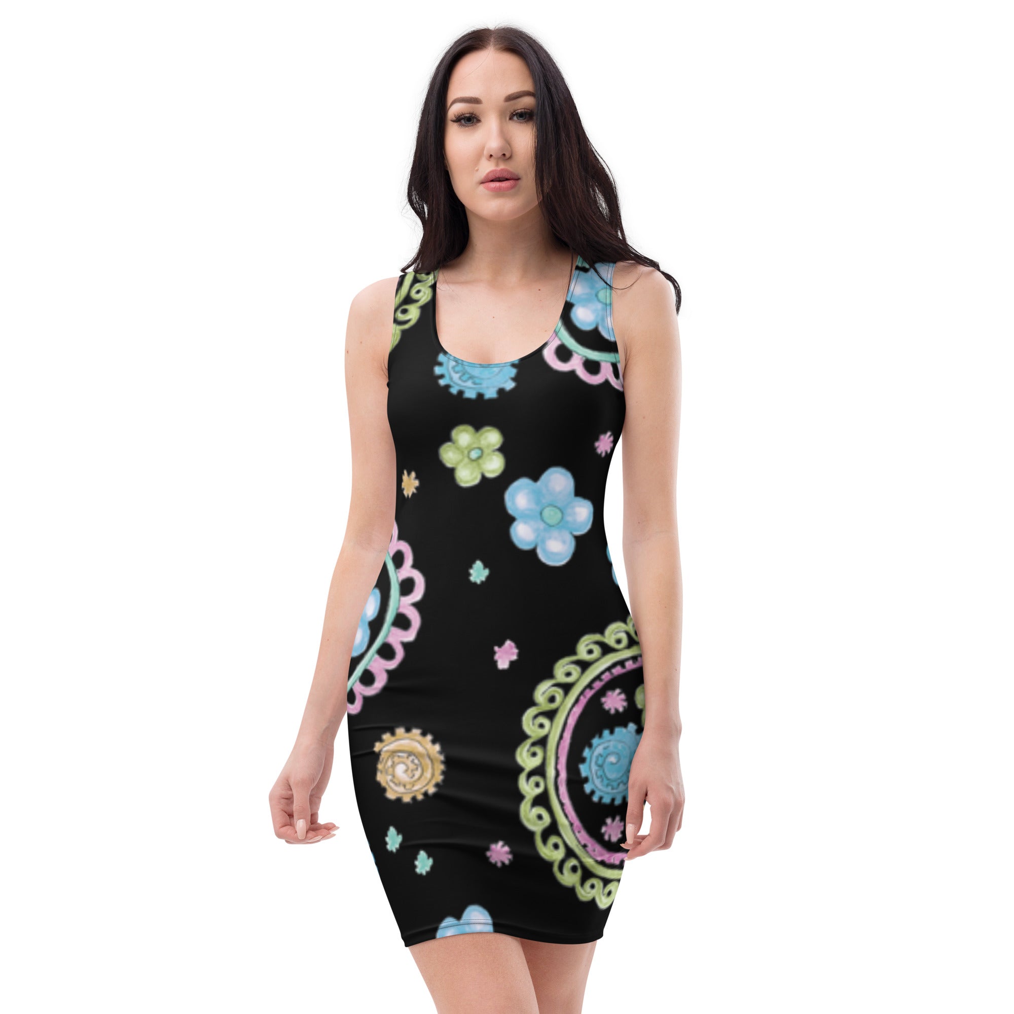 LuckeLadybug black paisley bodycon dress with colorful floral and paisley patterns sleeveless style