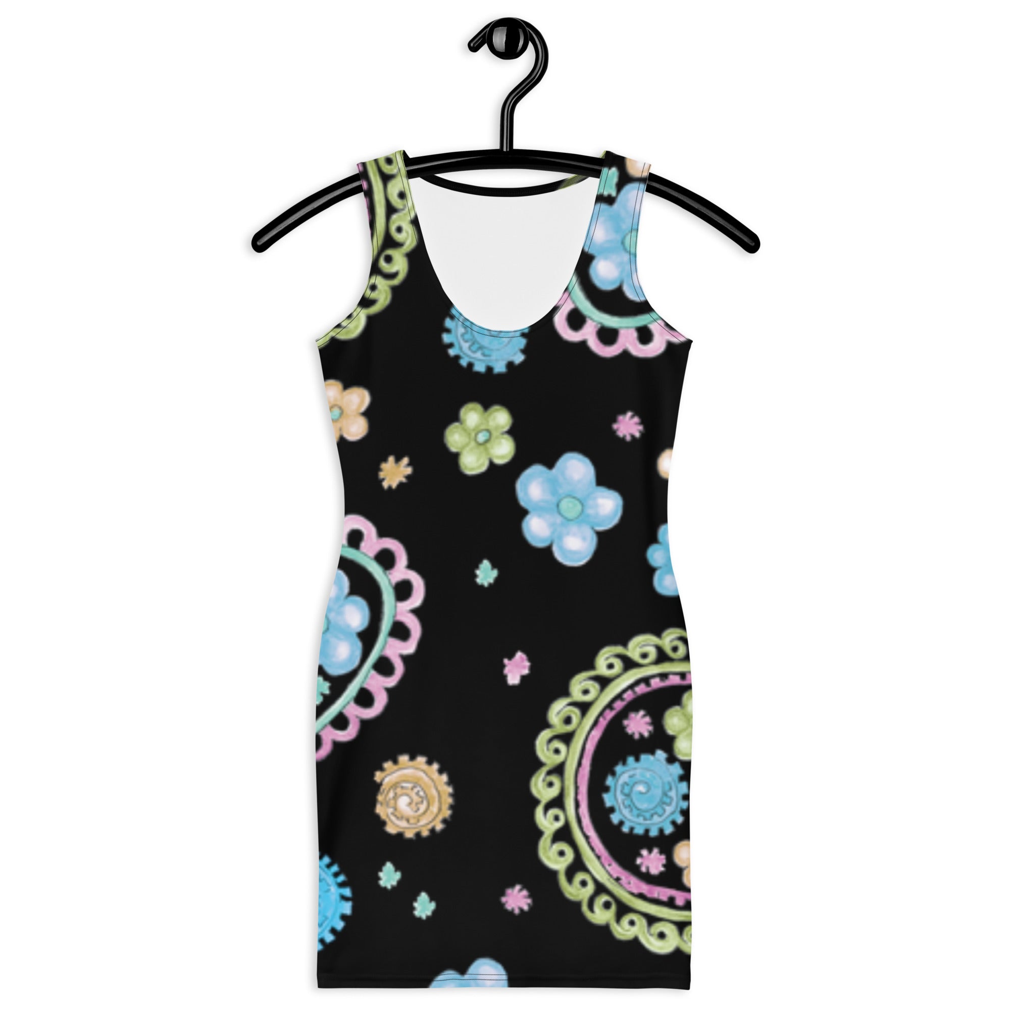 LuckeLadybug black paisley bodycon dress with colorful floral patterns on a black background