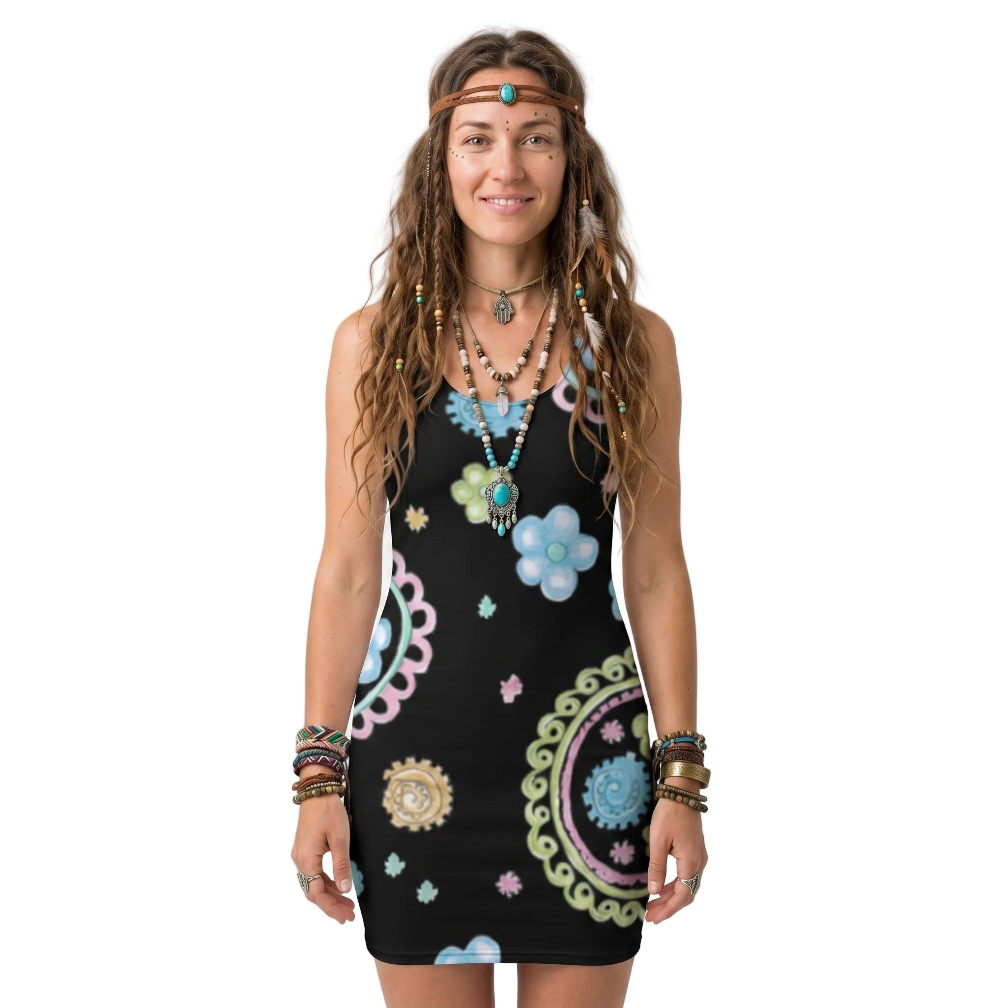 LuckeLadybug black paisley bodycon dress featuring colorful floral patterns and a fitted silhouette