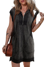LuckeLadybug black quarter zip sweatshirt dress with short sleeves and two side pockets