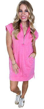 Stylish pink mini dress with a quarter zip design, perfect for casual outings and comfortable wear