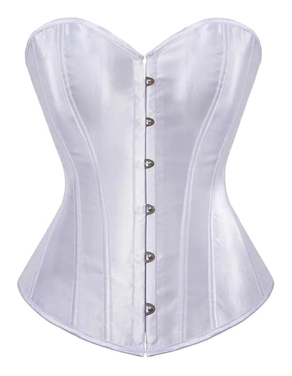 Elegant white satin corset for women with a structured fit and button closure, perfect for layering or special occasions