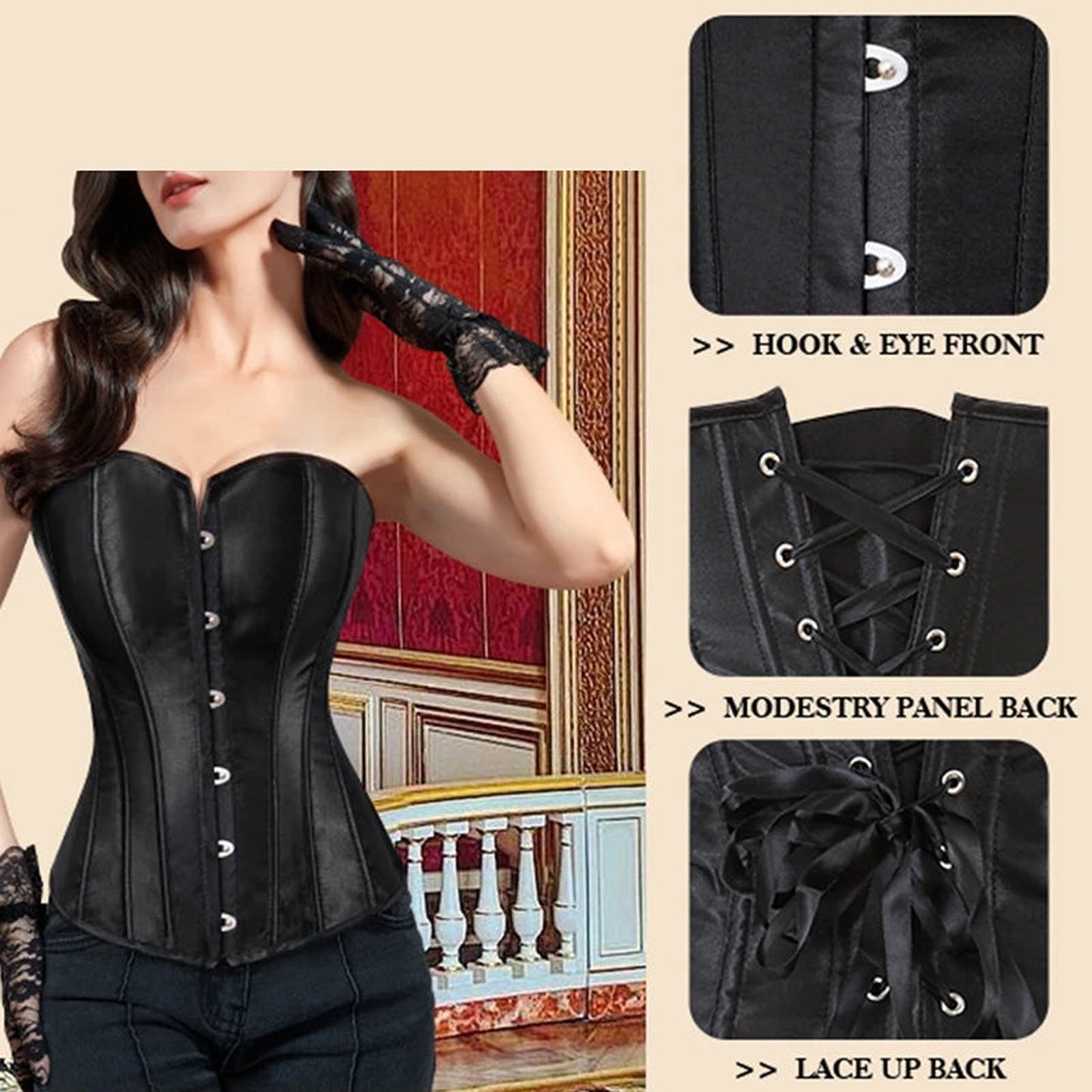 Black satin corset for women with hook and eye front and lace-up back detail