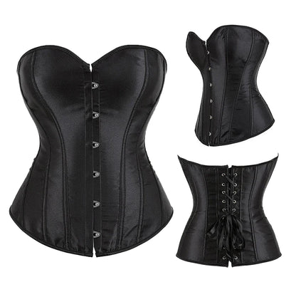 Black satin corset for women with a structured bust and lace-up back for a flattering silhouette