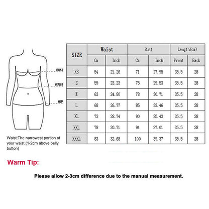Size chart for black satin corset for women with measurements for waist, bust, and length options