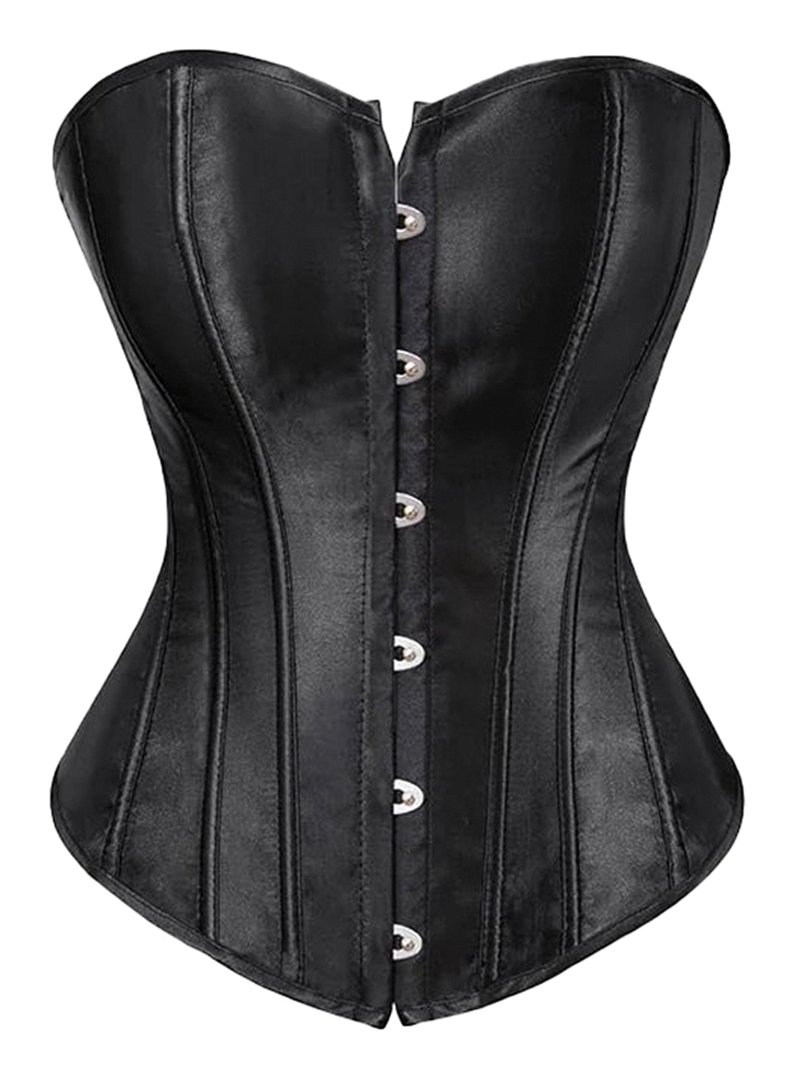 Elegant black satin corset for women featuring a button-up front and structured design