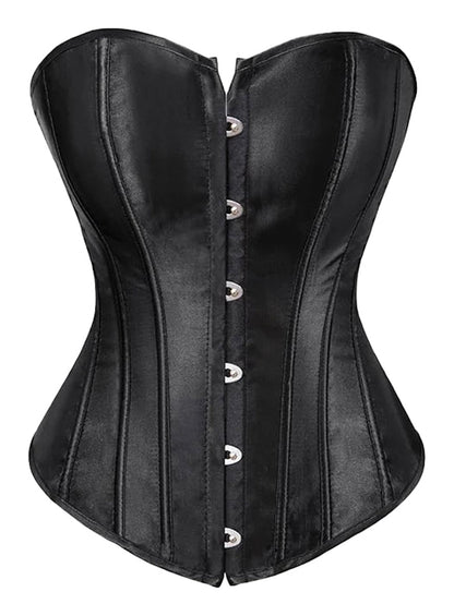 Elegant black satin corset for women featuring a button-up front and structured design