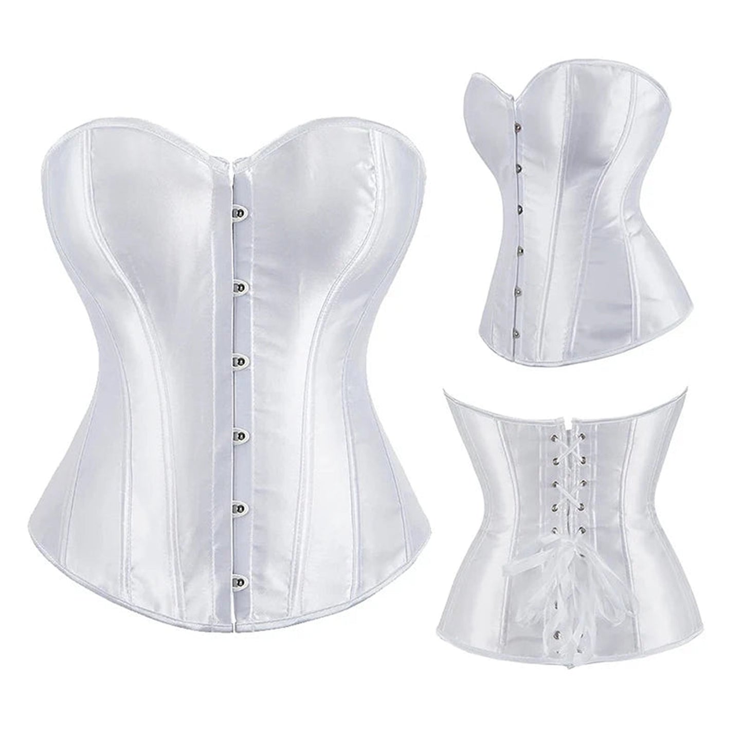 Elegant black satin corset for women with front buttons and lace-up back for a flattering fit