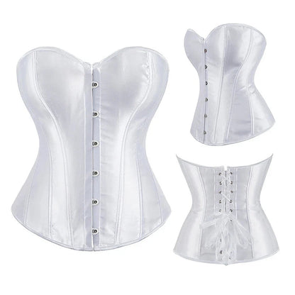 Elegant black satin corset for women with front buttons and lace-up back for a flattering fit