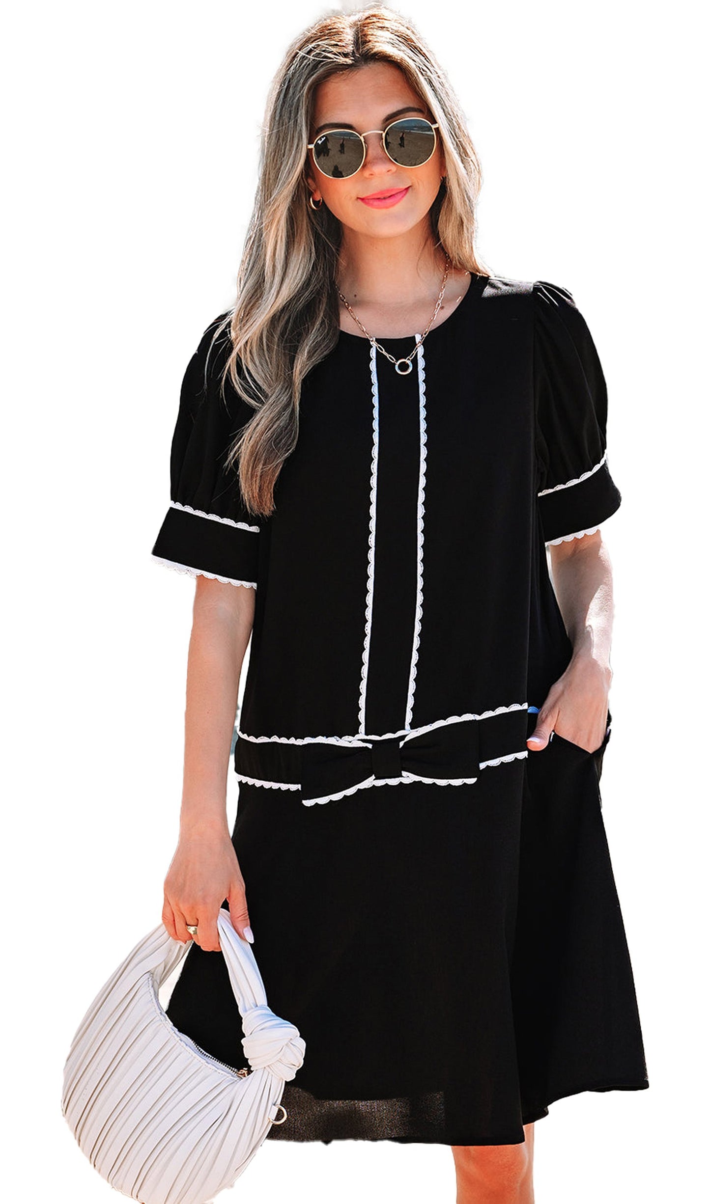 LuckeLadybug black scallop trim dress with puff sleeves and pockets for a stylish beach look