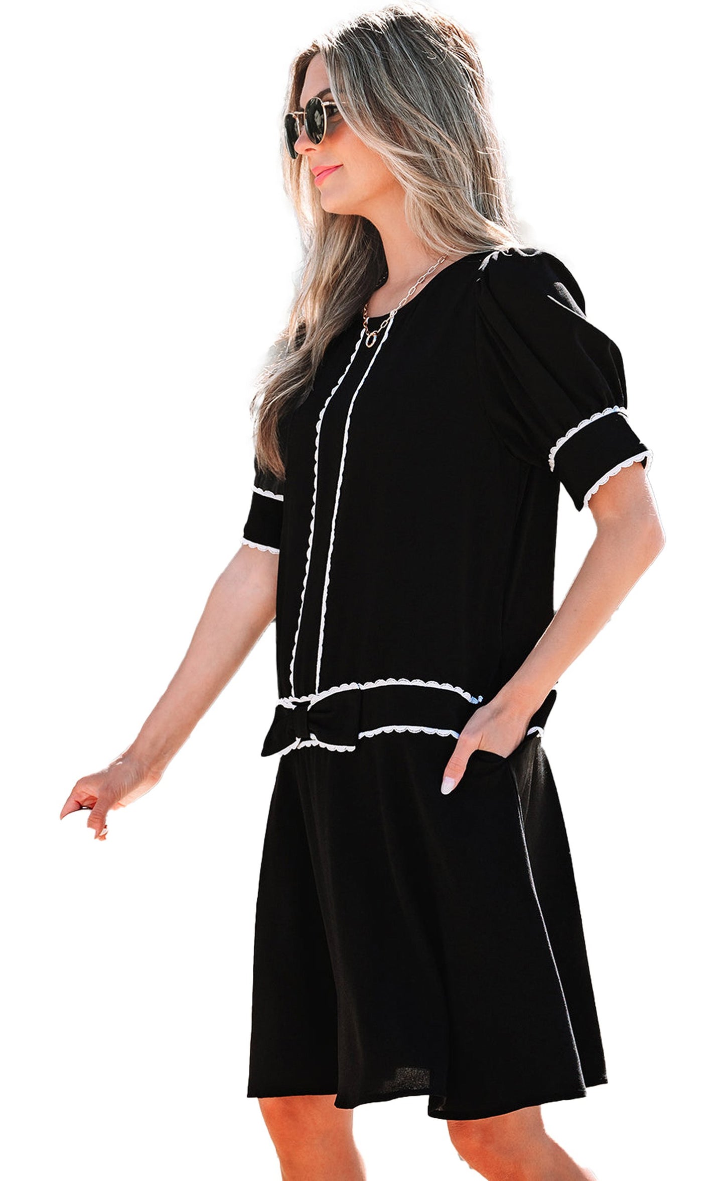 LuckeLadybug black scallop trim dress with puff sleeves and pockets for a stylish summer look