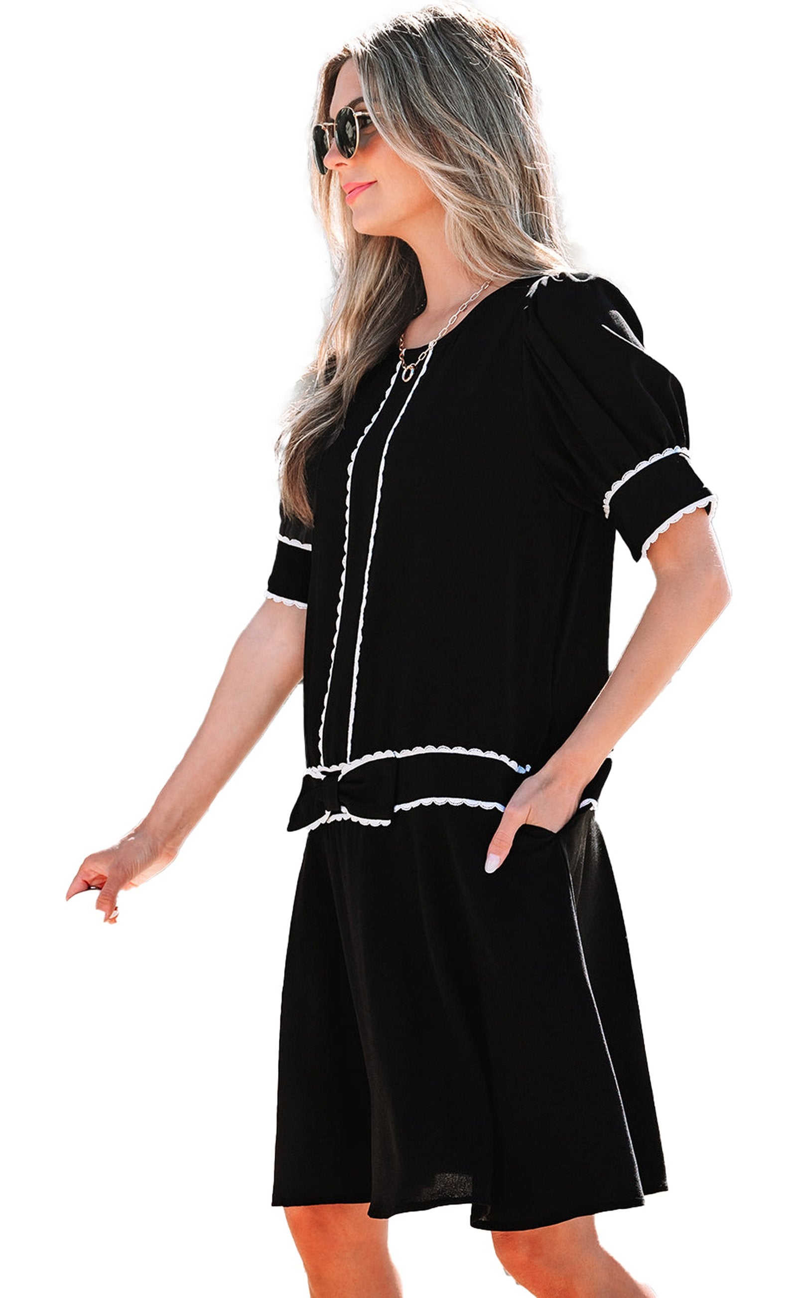 LuckeLadybug black scallop trim dress with puff sleeves and pockets for a stylish summer look