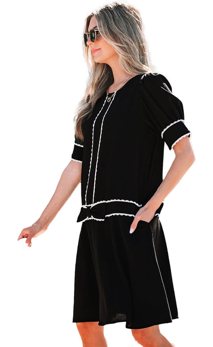 LuckeLadybug black scallop trim dress with puff sleeves and pockets for a stylish summer look