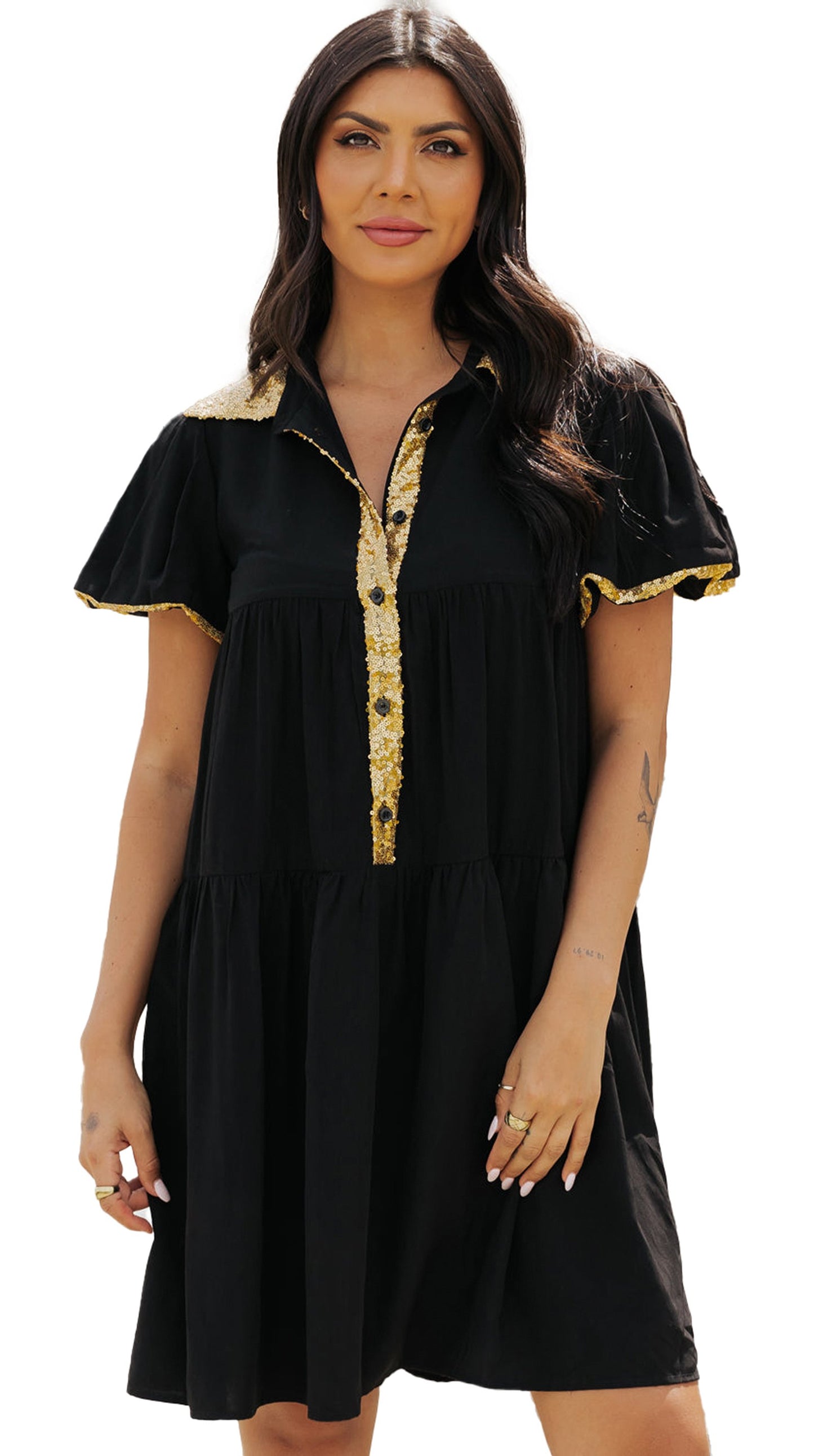 LuckeLadybug black sequin game day shirt dress with a stylish collar and flutter sleeves
