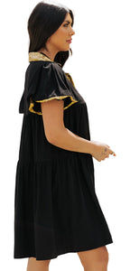 LuckeLadybug Black Sequin Game Day Shirt Dress with Golden Accents and Flowy Design