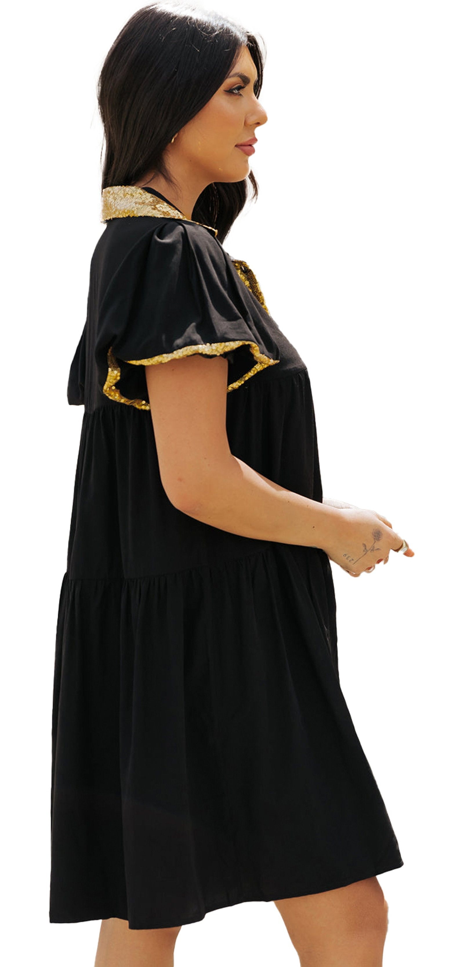 LuckeLadybug Black Sequin Game Day Shirt Dress with Golden Accents and Flowy Design