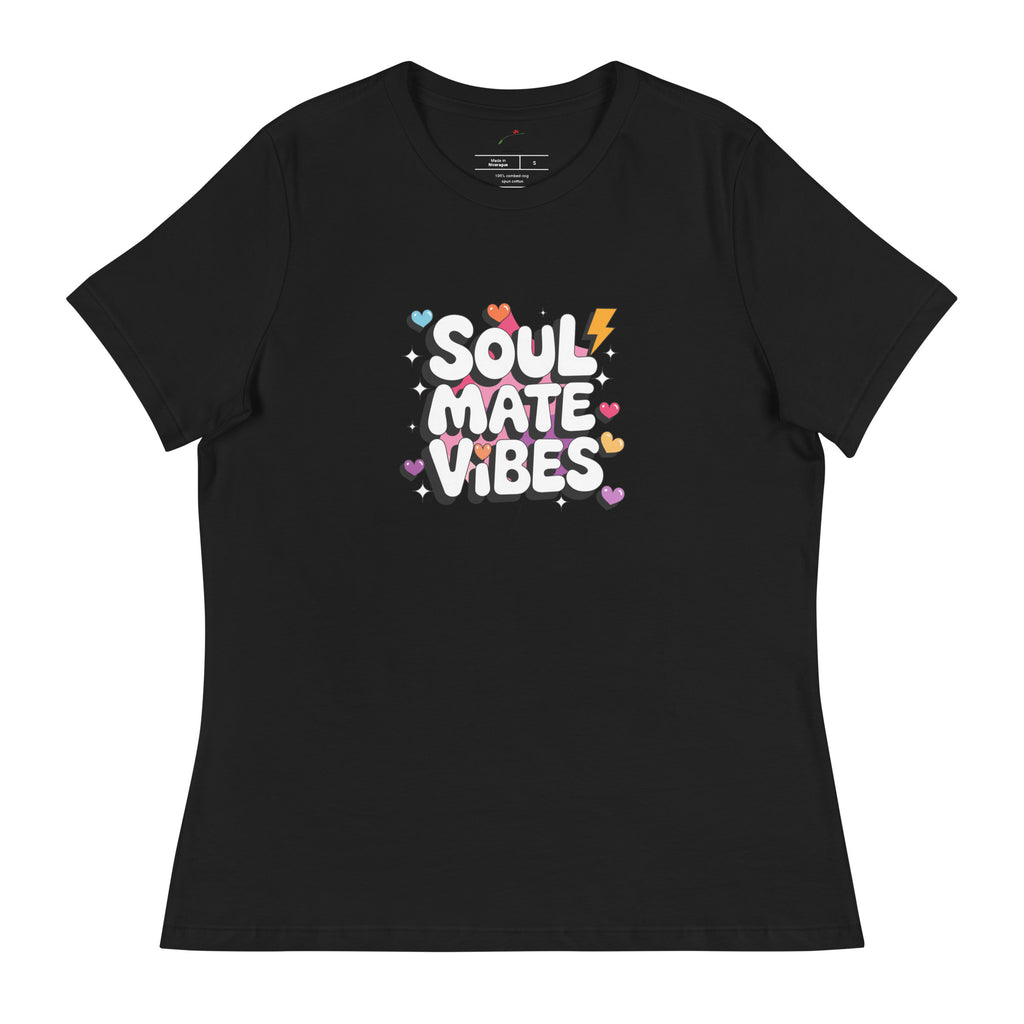 Black Printful soul mate vibes t-shirt with colorful hearts and lightning bolt graphic
