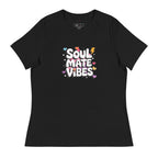 Black Printful soul mate vibes t-shirt with colorful hearts and lightning bolt graphic