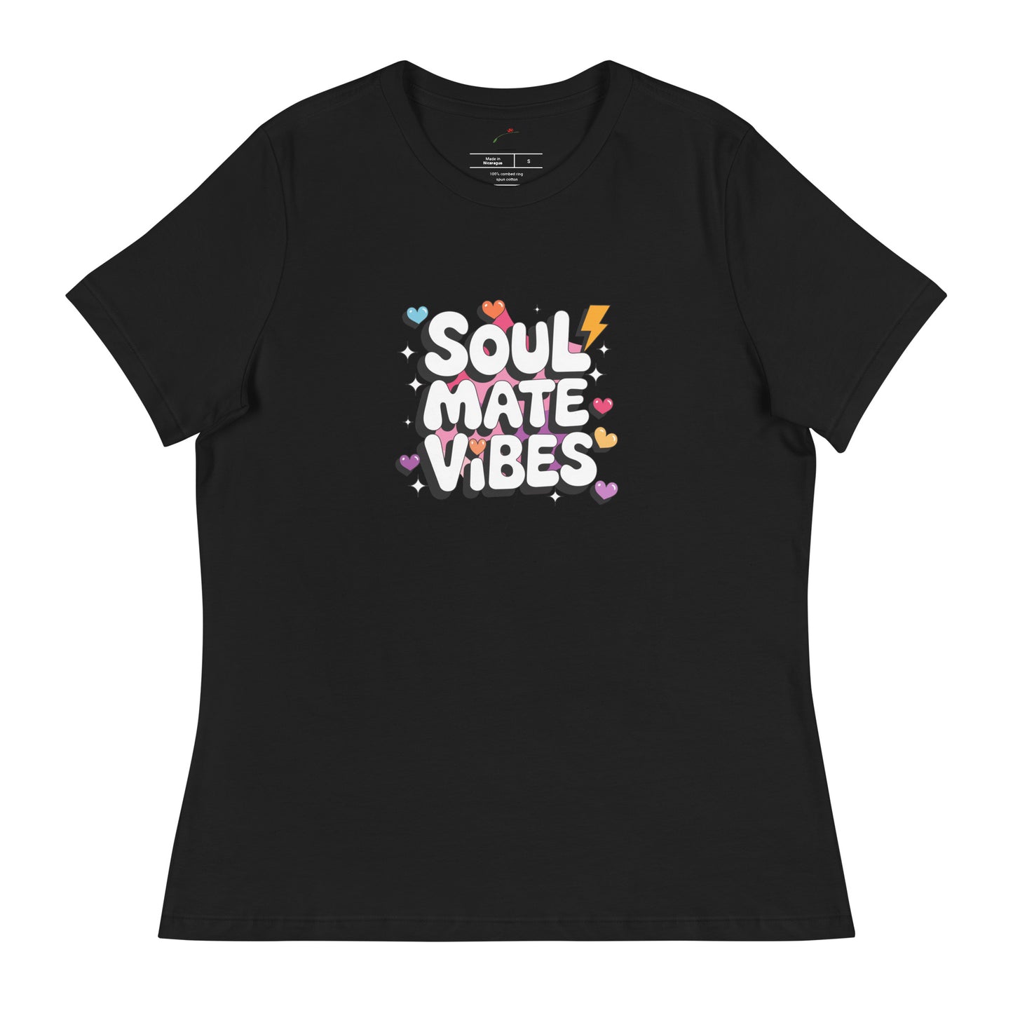 Black Printful soul mate vibes t-shirt with colorful hearts and lightning bolt graphic
