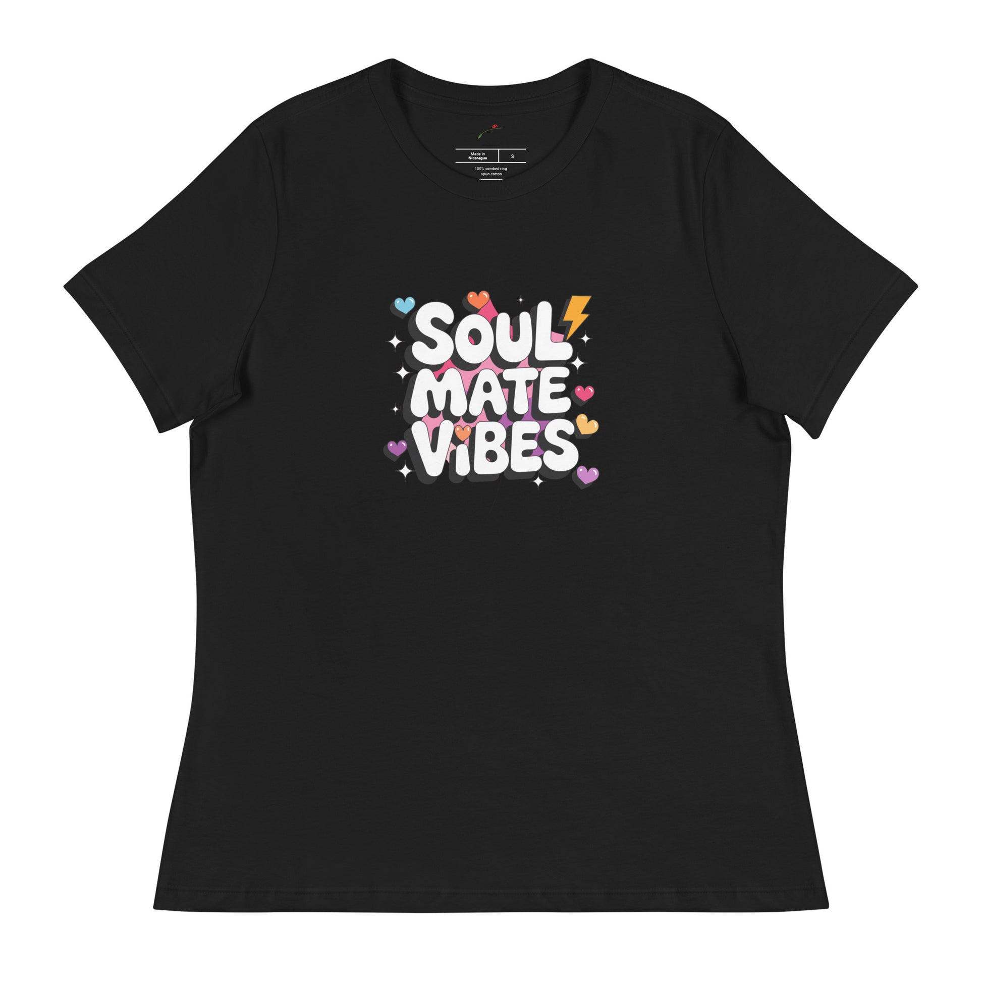 Black Printful soul mate vibes t-shirt with colorful hearts and lightning bolt graphic