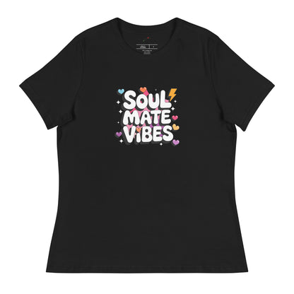 Black Printful soul mate vibes t-shirt with colorful hearts and lightning bolt graphic