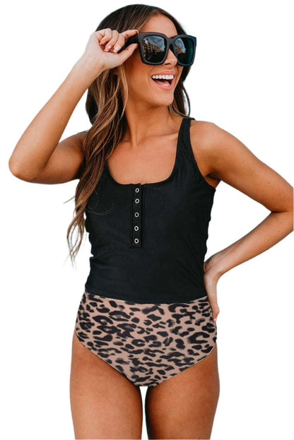 LuckeLadybug LLC black square neck tankini set with buttoned top and leopard print bottoms