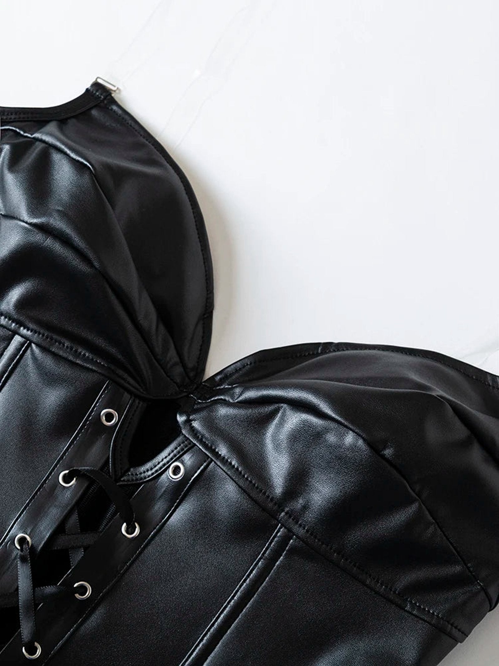 LuckeLadybug LLC black strapless corset top with lace-up detailing and smooth satin finish