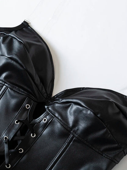 LuckeLadybug LLC black strapless corset top with lace-up detailing and smooth satin finish