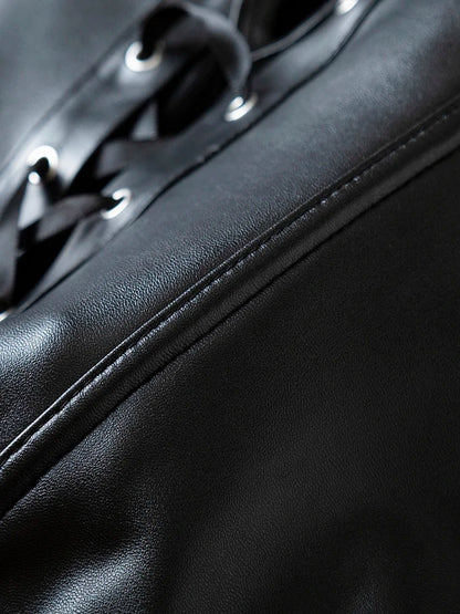 Detailed view of a black strapless corset top with lace-up design and sleek finish