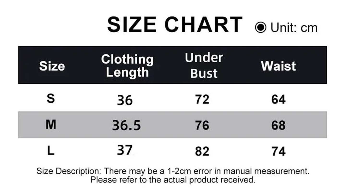 Size chart for black strapless corset top by LuckeLadybug LLC with measurements in centimeters