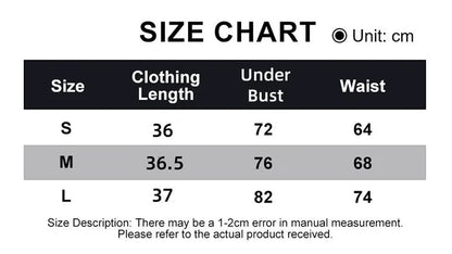 Size chart for black strapless corset top by LuckeLadybug LLC with measurements in centimeters