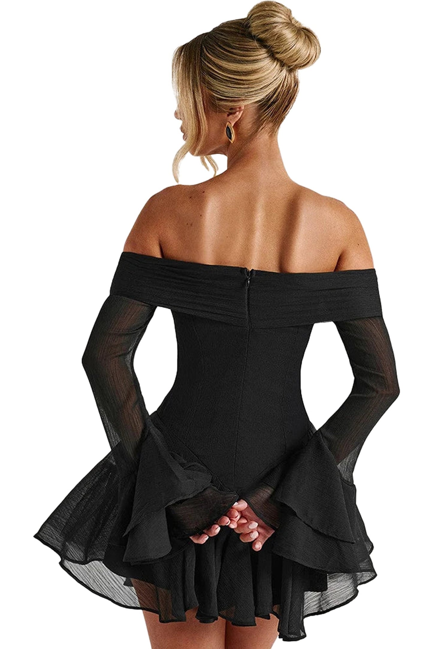 LuckeLadybug LLC black strapless mini dress for women with bell sleeves and tiered ruffle hem