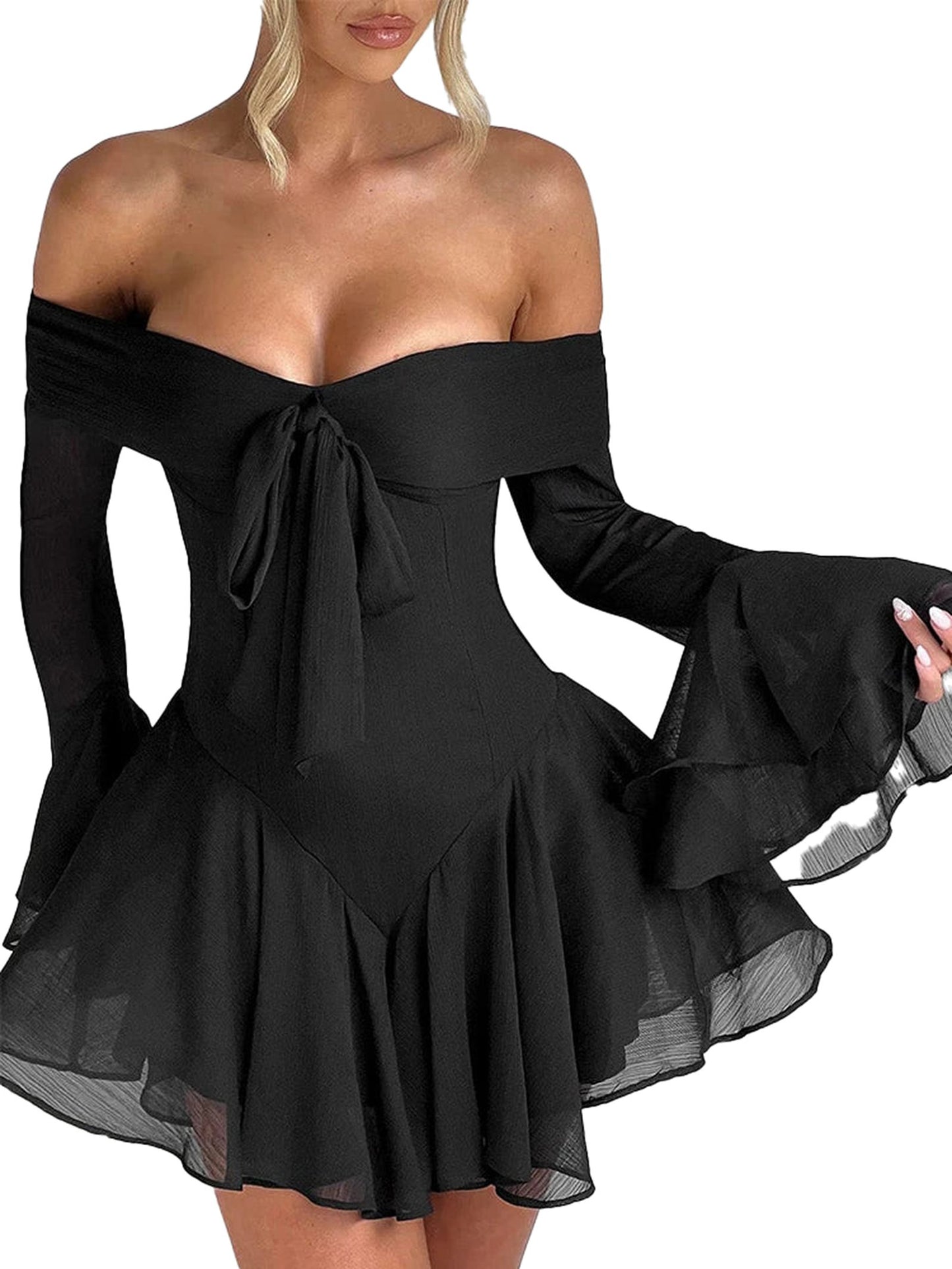 LuckeLadybug black strapless mini dress for women with flared sleeves and a tie front