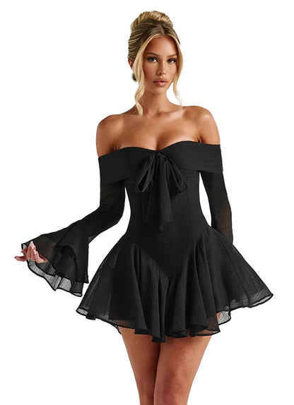 LuckeLadybug LLC black strapless mini dress for women with flared sleeves and a bow tie detail