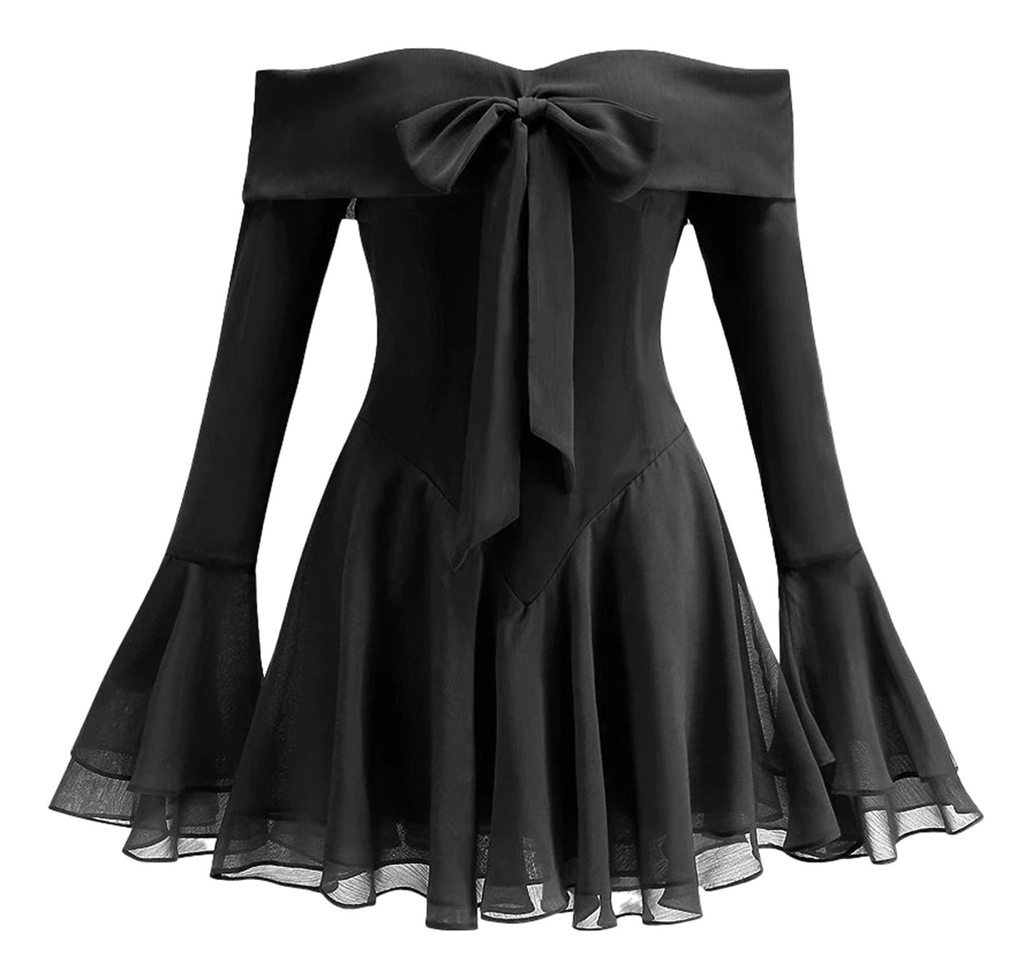 Elegant black strapless mini dress for women with a bow and flared sleeves, perfect for stylish occasions