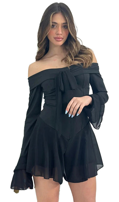 Stylish black strapless mini dress for women with bell sleeves and tie detail