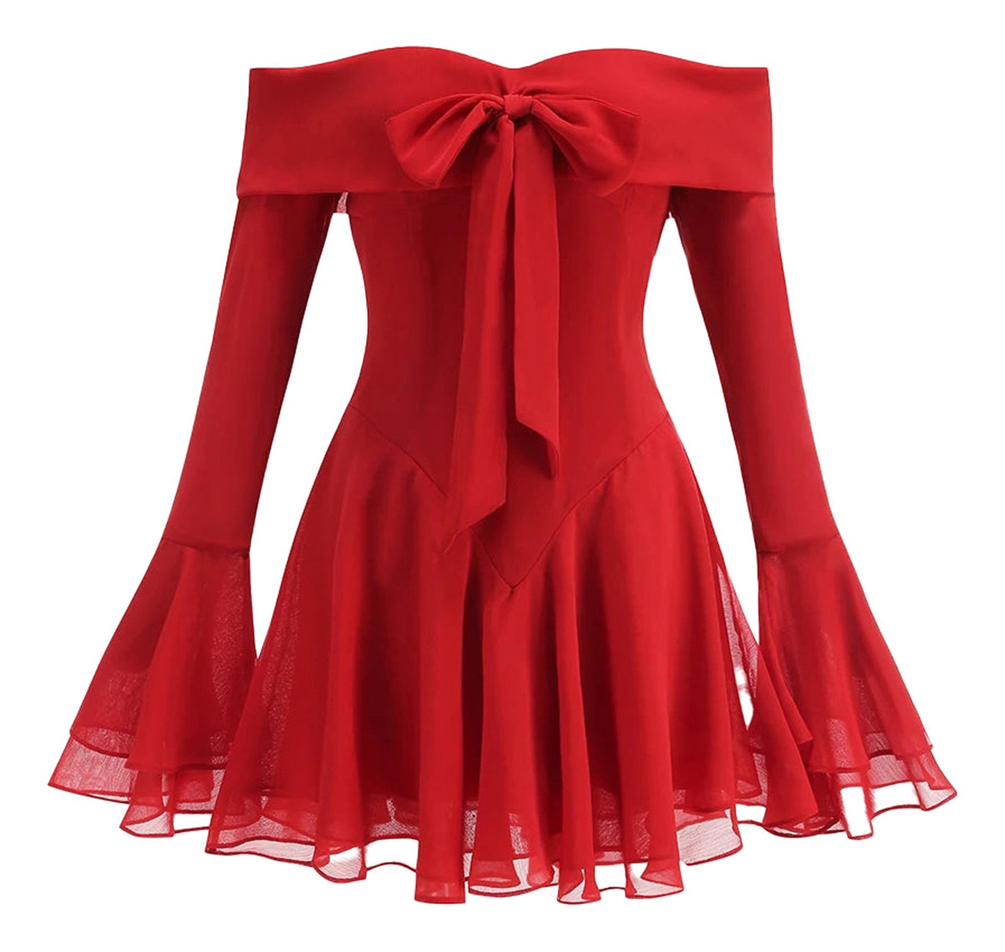 LuckeLadybug red off-the-shoulder fit and flare dress with bell sleeves for women