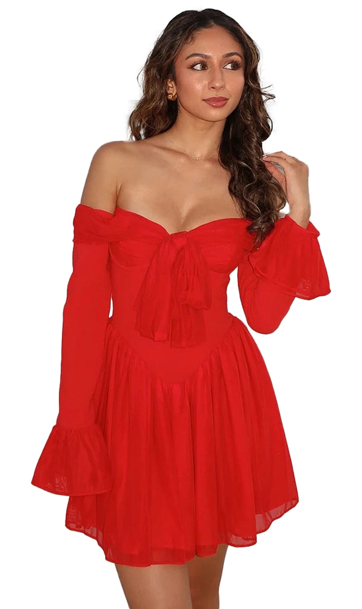 LuckeLadybug LLC Fit & Flare red dress with off-the-shoulder sleeves, perfect for stylish occasions