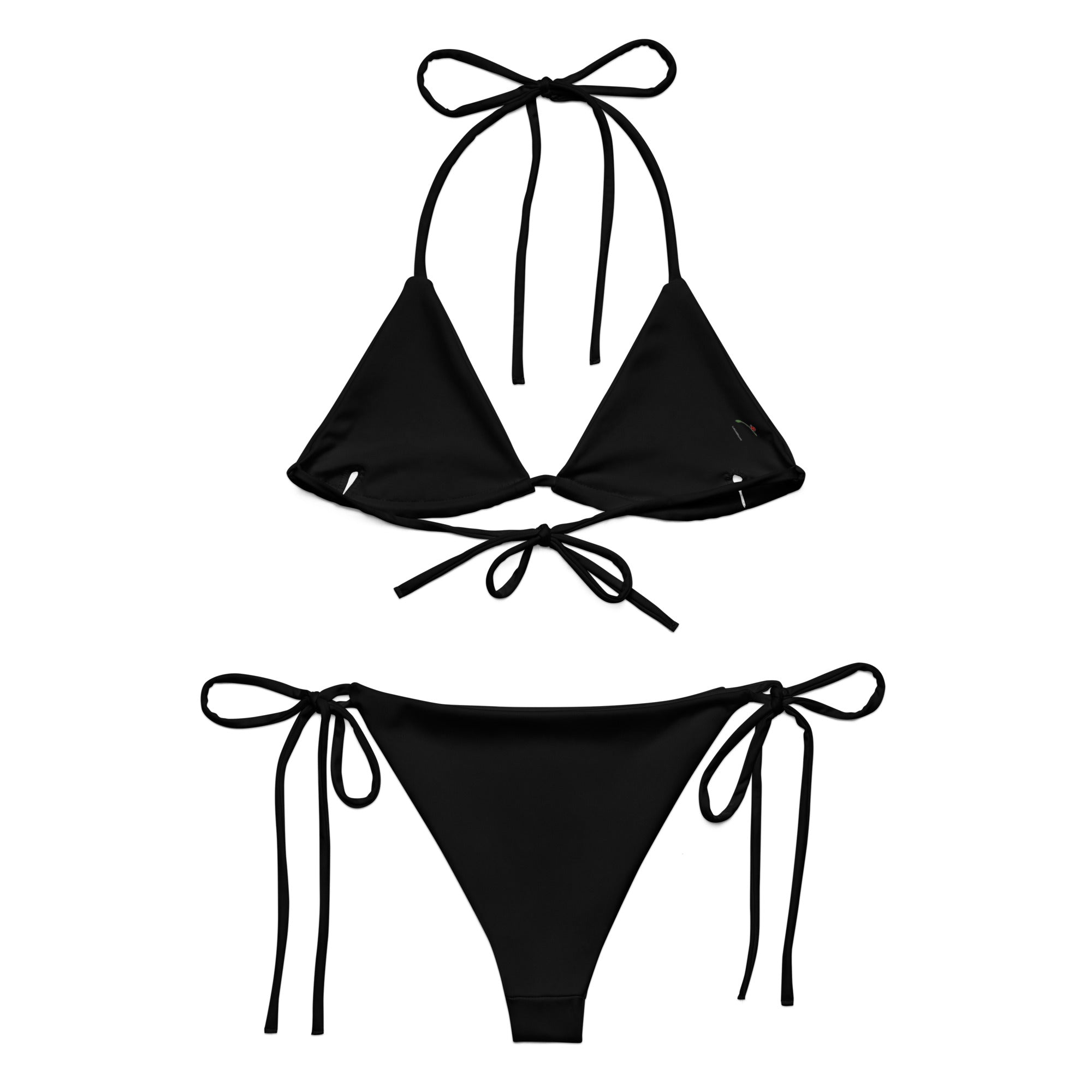 LuckeLadybug black string bikini featuring adjustable ties for a comfortable fit
