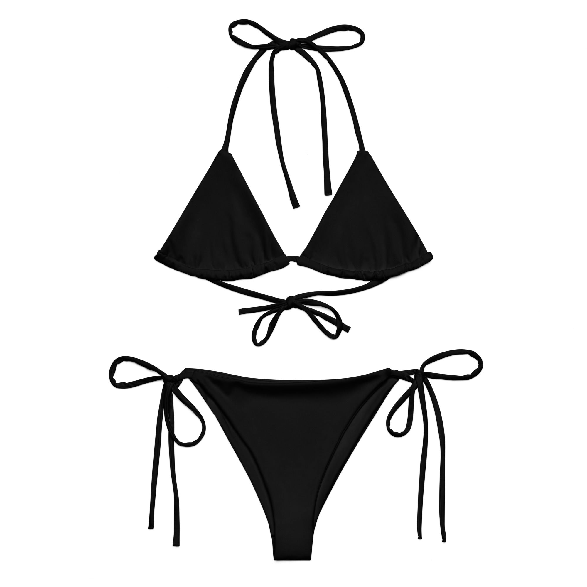 LuckeLadybug black string bikini with adjustable ties and a classic design for sunbathing