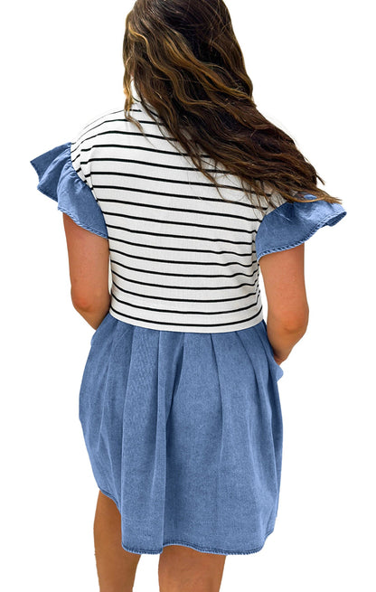 Back view of a LuckeLadybug black stripe denim patchwork mini dress featuring a striped top and ruffled sleeves