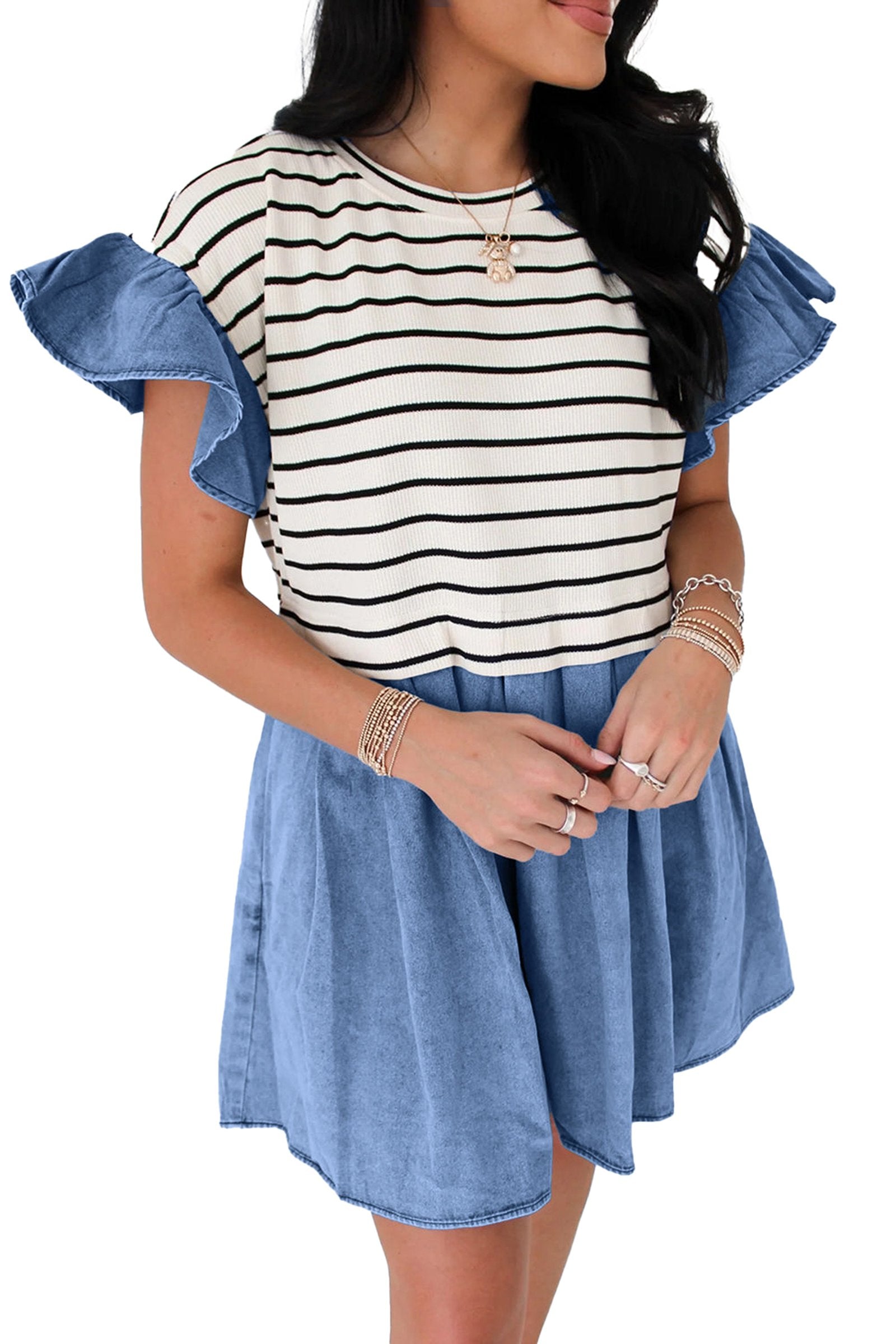 LuckeLadybug black stripe denim patchwork mini dress with ruffled sleeves and a flared design