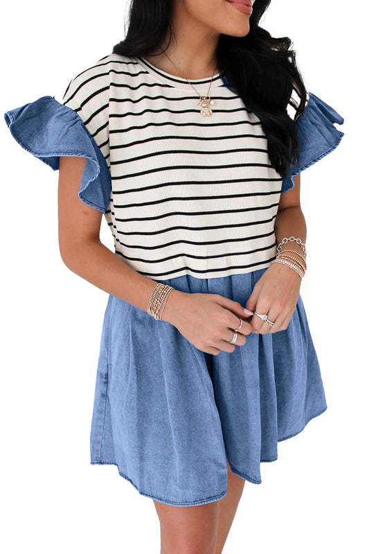 LuckeLadybug black stripe denim patchwork mini dress with ruffled sleeves and a flared design