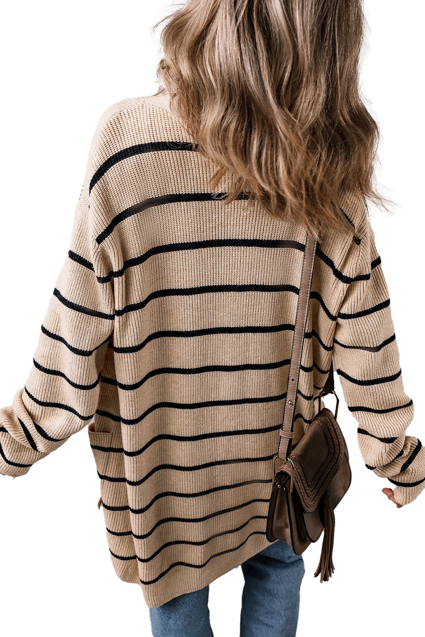 LuckeLadybug black stripe open cardigan in cream with black stripes and loose fit, perfect for layering
