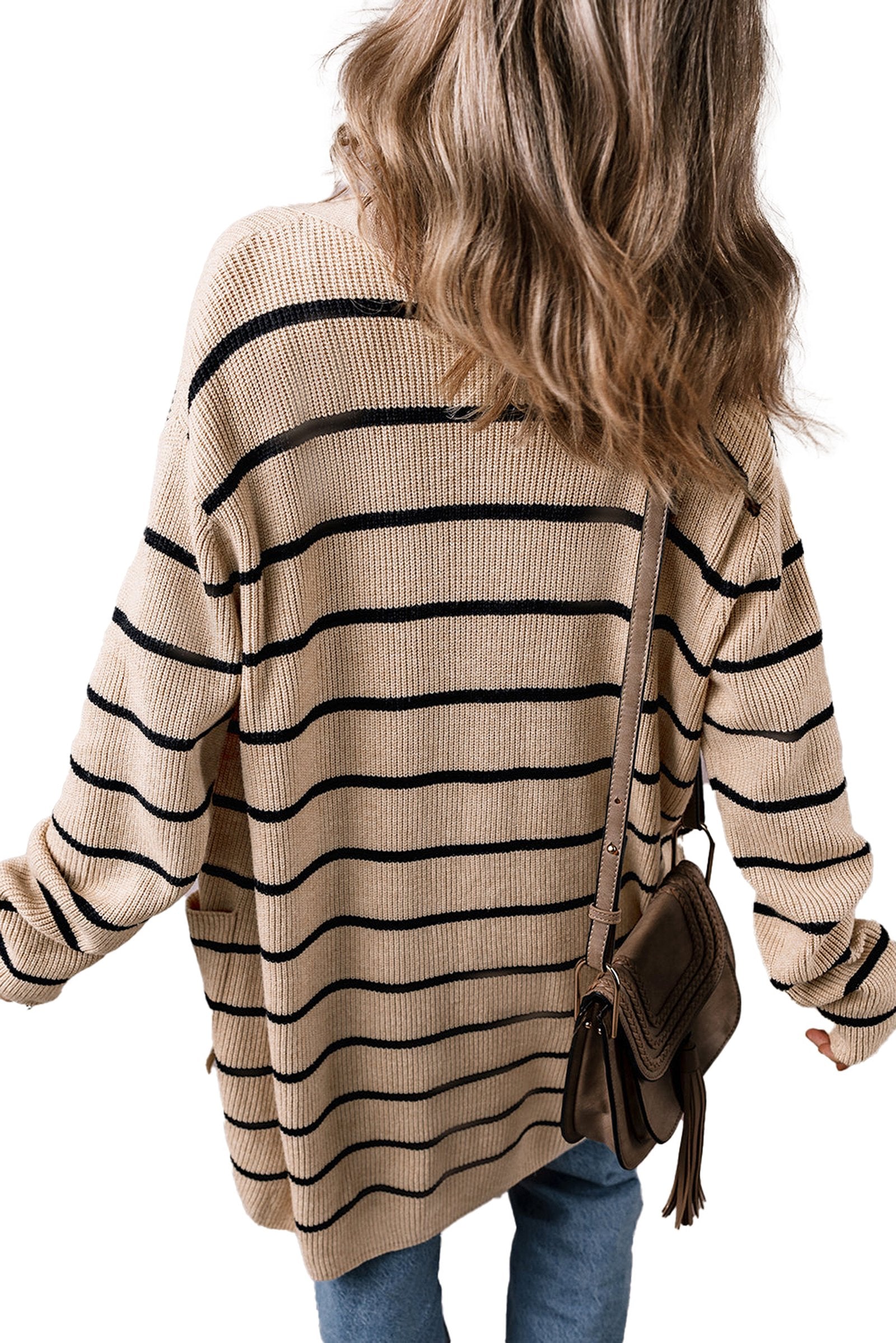 LuckeLadybug black stripe open cardigan in cream with black stripes and loose fit, perfect for layering
